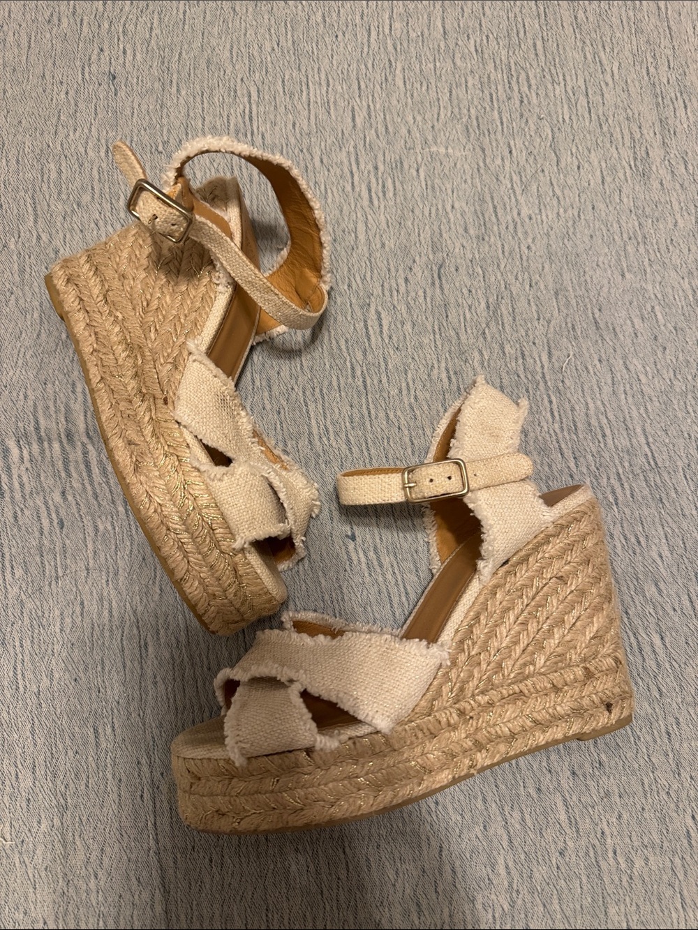 Castaner Beige/Gold Espadrille Wedge Sandals - Women 36